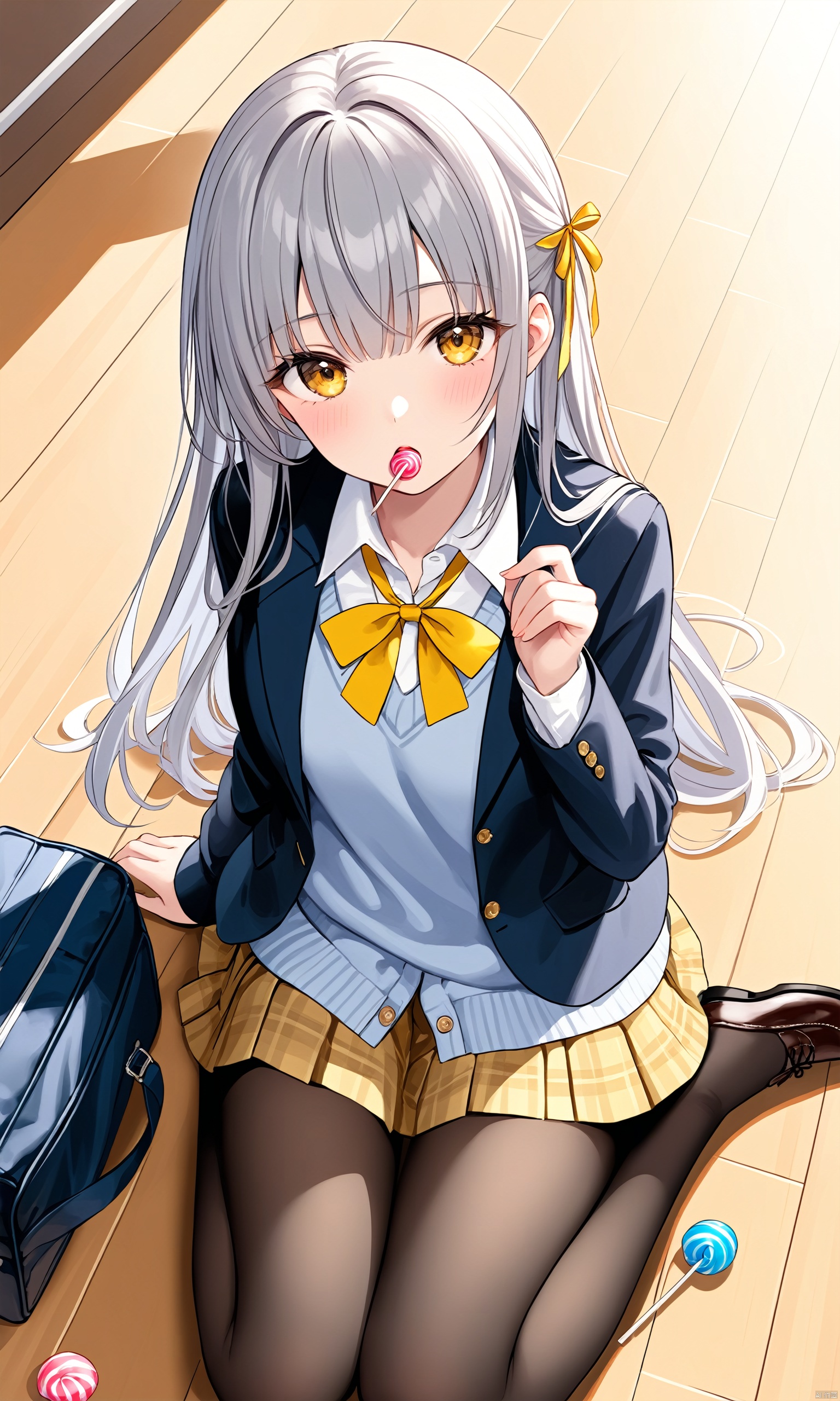  (masterpiece), (best quality),1girl, solo, lollipop, pantyhose, skirt, long hair, candy, food, jacket, school uniform, shoes, sitting, black pantyhose, looking at viewer, breasts, blazer, pleated skirt, ribbon, holding, shirt, wariza, holding lollipop, open clothes, very long hair, medium breasts, bag, uwabaki, open jacket, holding candy, yellow skirt, yellow eyes, blush, yellow ribbon, white shirt, school bag, on floor, holding food, bangs, one side up, long sleeves, arm support, artist name, black jacket, from above, brown eyes, plaid skirt, collared shirt, grey hair, wooden floor, open mouth, hair ornament, plaid, parted lips, leaf, neck ribbon, sweater vest, miniskirt, school briefcase