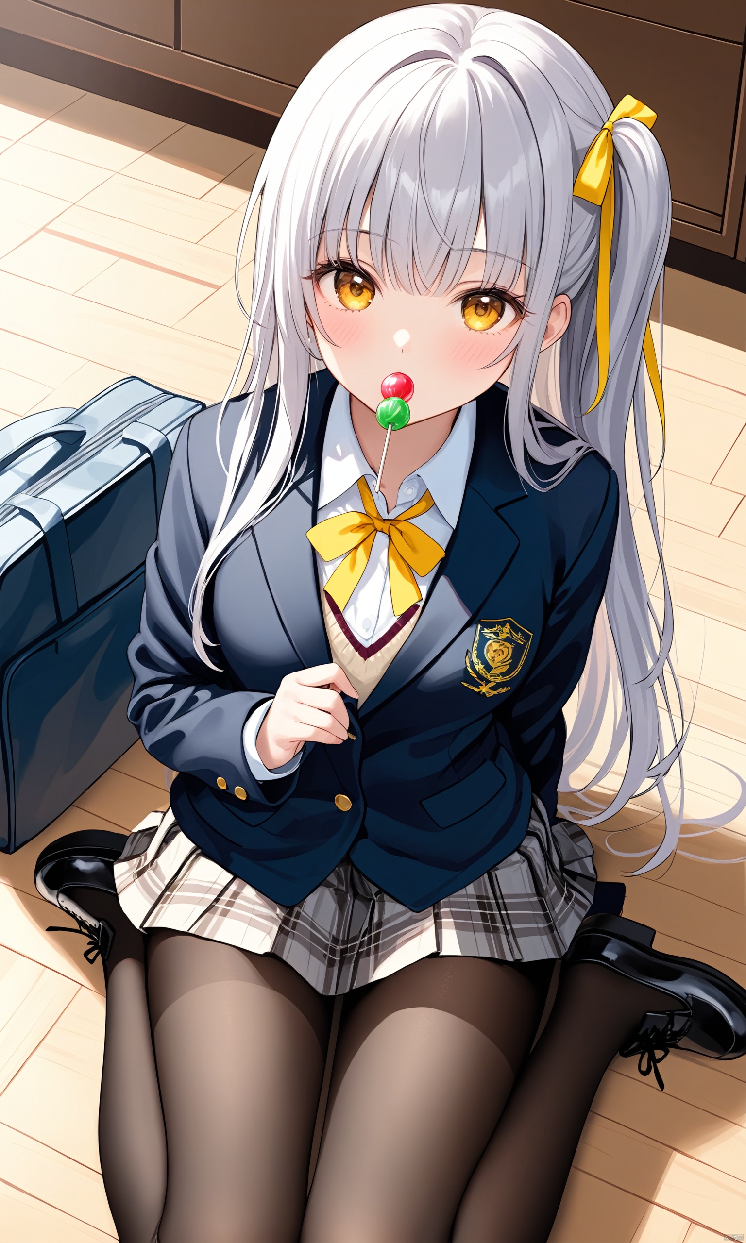  (masterpiece), (best quality),1girl, solo, lollipop, pantyhose, skirt, long hair, candy, food, jacket, school uniform, shoes, sitting, black pantyhose, looking at viewer, breasts, blazer, pleated skirt, ribbon, holding, shirt, wariza, holding lollipop, open clothes, very long hair, medium breasts, bag, uwabaki, open jacket, holding candy, yellow skirt, yellow eyes, blush, yellow ribbon, white shirt, school bag, on floor, holding food, bangs, one side up, long sleeves, arm support, artist name, black jacket, from above, brown eyes, plaid skirt, collared shirt, grey hair, wooden floor, open mouth, hair ornament, plaid, parted lips, leaf, neck ribbon, sweater vest, miniskirt, school briefcase