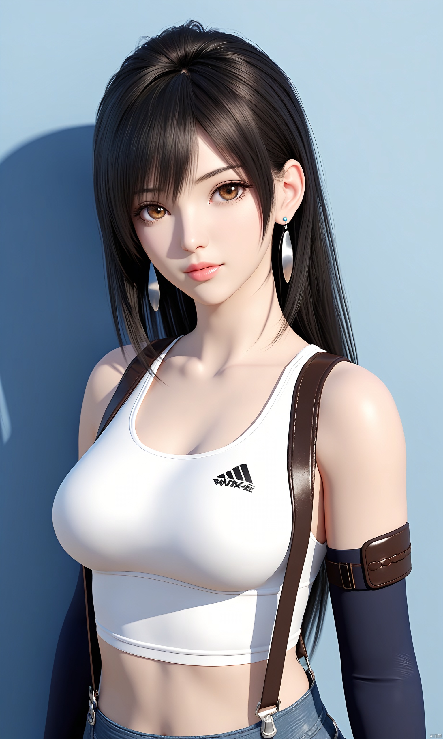  (masterpiece), (best quality),realistic,octane render,3D CG,1girl,tifa lockhart,solo,long hair,earrings,black hair,jewelry,suspenders,crop top,breasts,looking at viewer,upper body,brown eyes,bangs,shirt,gloves,elbow gloves,midriff,elbow pads,medium breasts,lips,**** top,blue background,white **** top,artist name,bare shoulders,closed mouth,white shirt,sports bra,sleeveless,