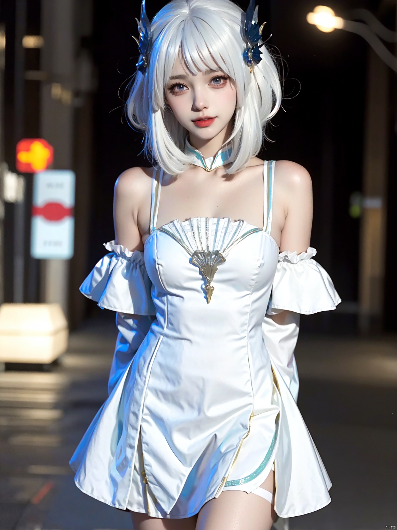 a beautiful girl,  breasts, dress(white hair, thighs, arms behind back:1.3)depth_of_field,  blurry_background, bare shoulders, Fashion Style,<lora:EMS-269161-EMS:0.800000>