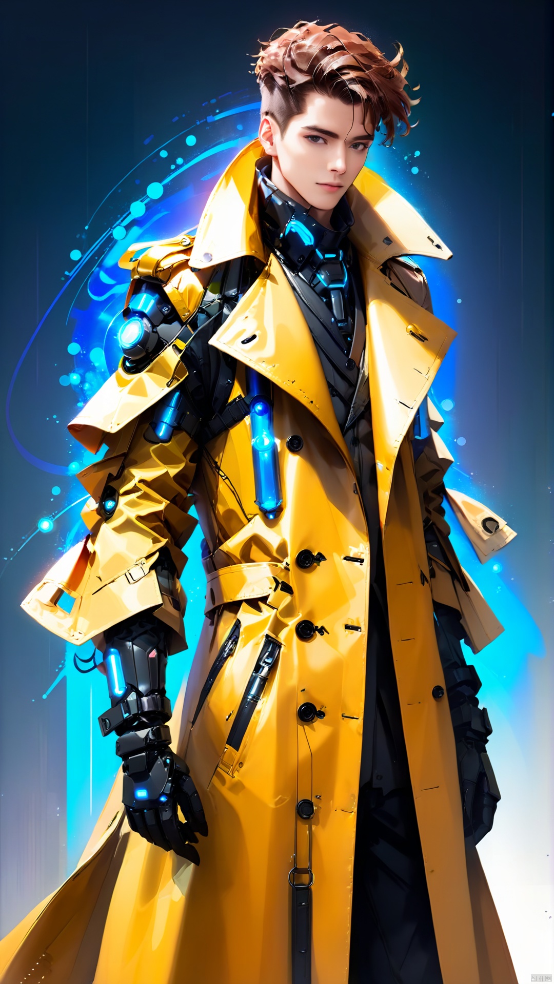(Side angle view) A stylish futuristic man wearing a distinctive mechanical trench coat, simple background