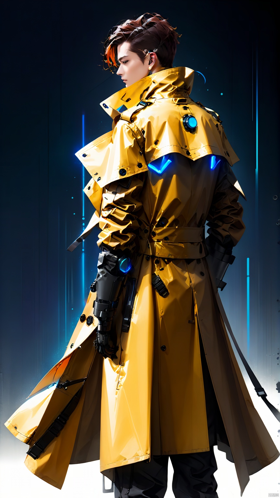 (Side view) A stylish futuristic man wearing a distinctive mechanical trench coat on a simple background.