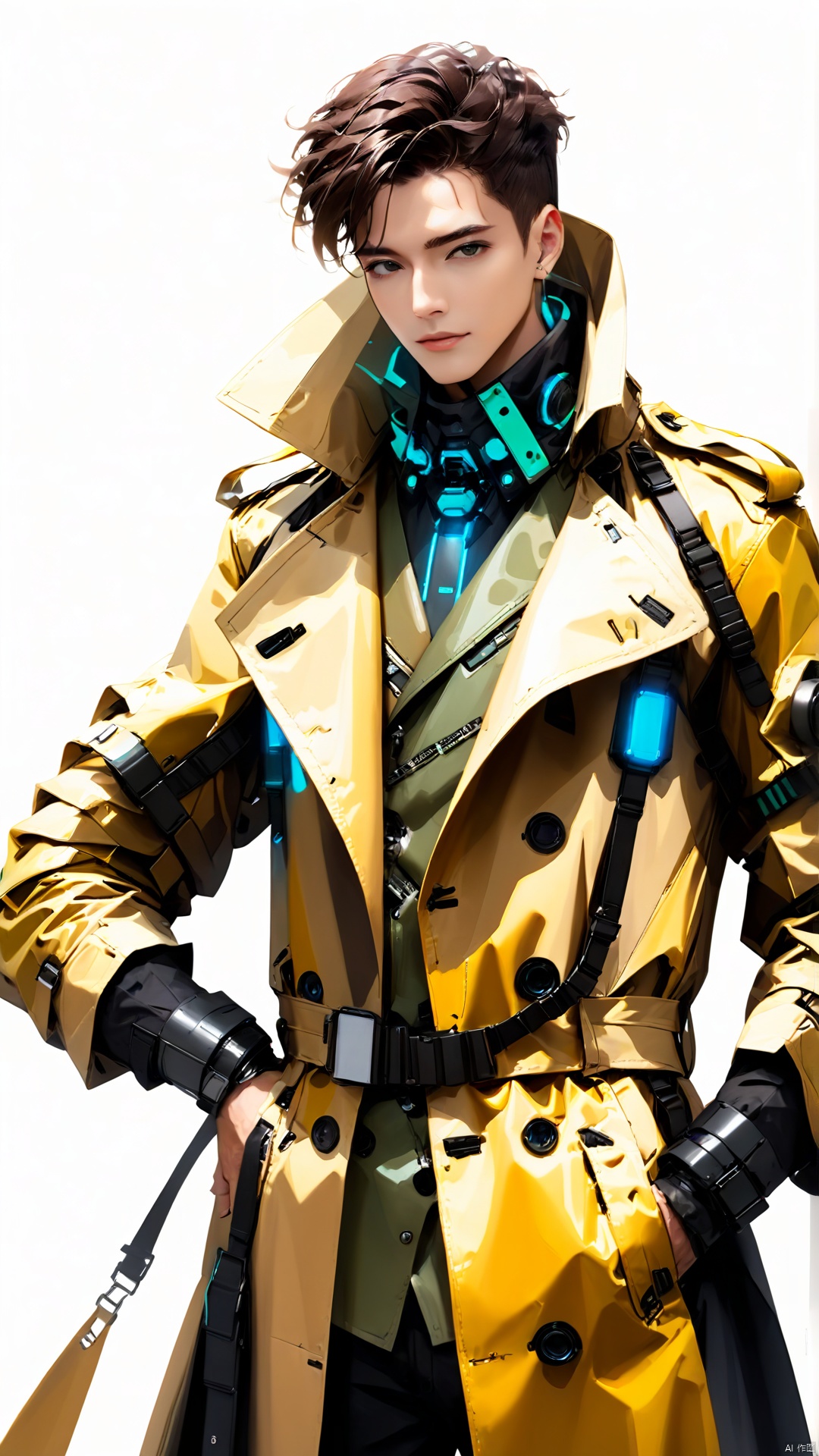 (Half-length close-up) A stylish futuristic man wearing a distinctive mechanical trench coat on a simple background.