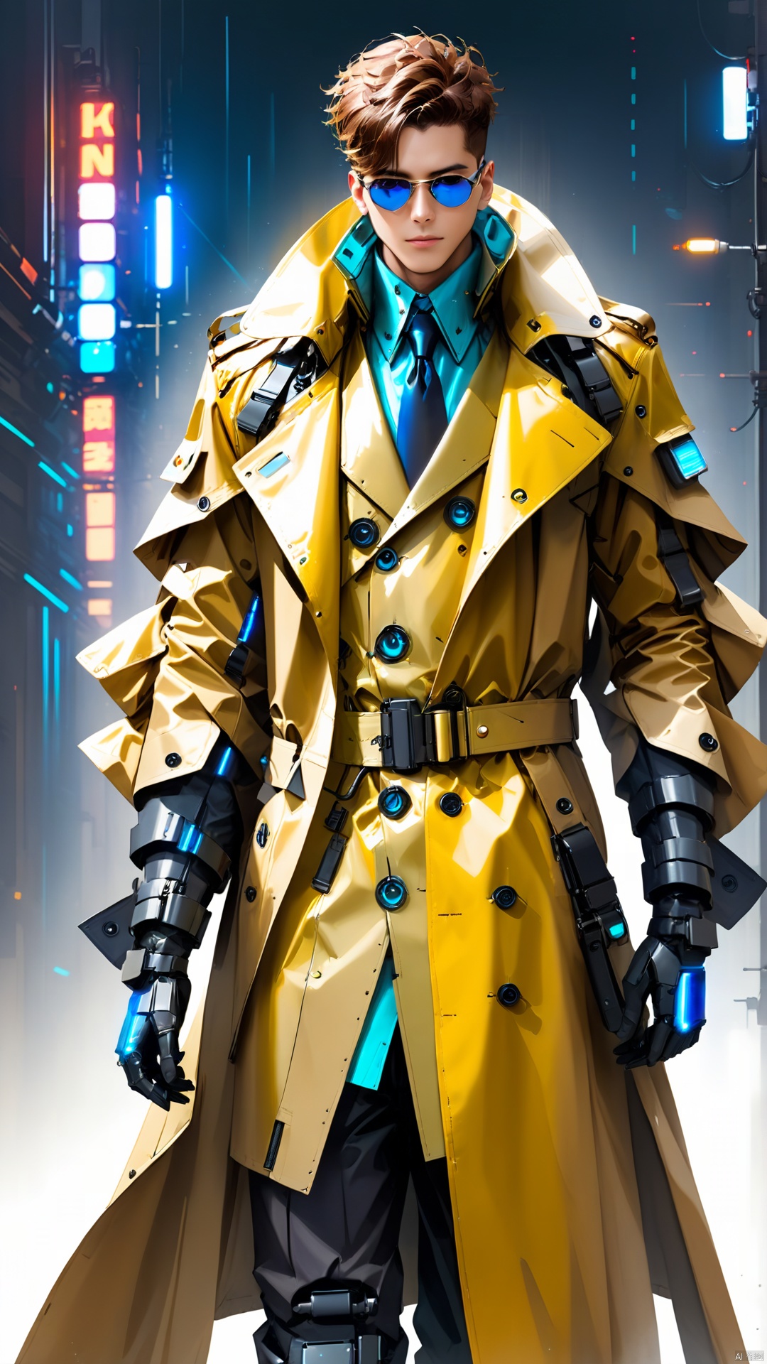 A stylish futuristic man wearing a distinctive mechanical trench coat with a simple background