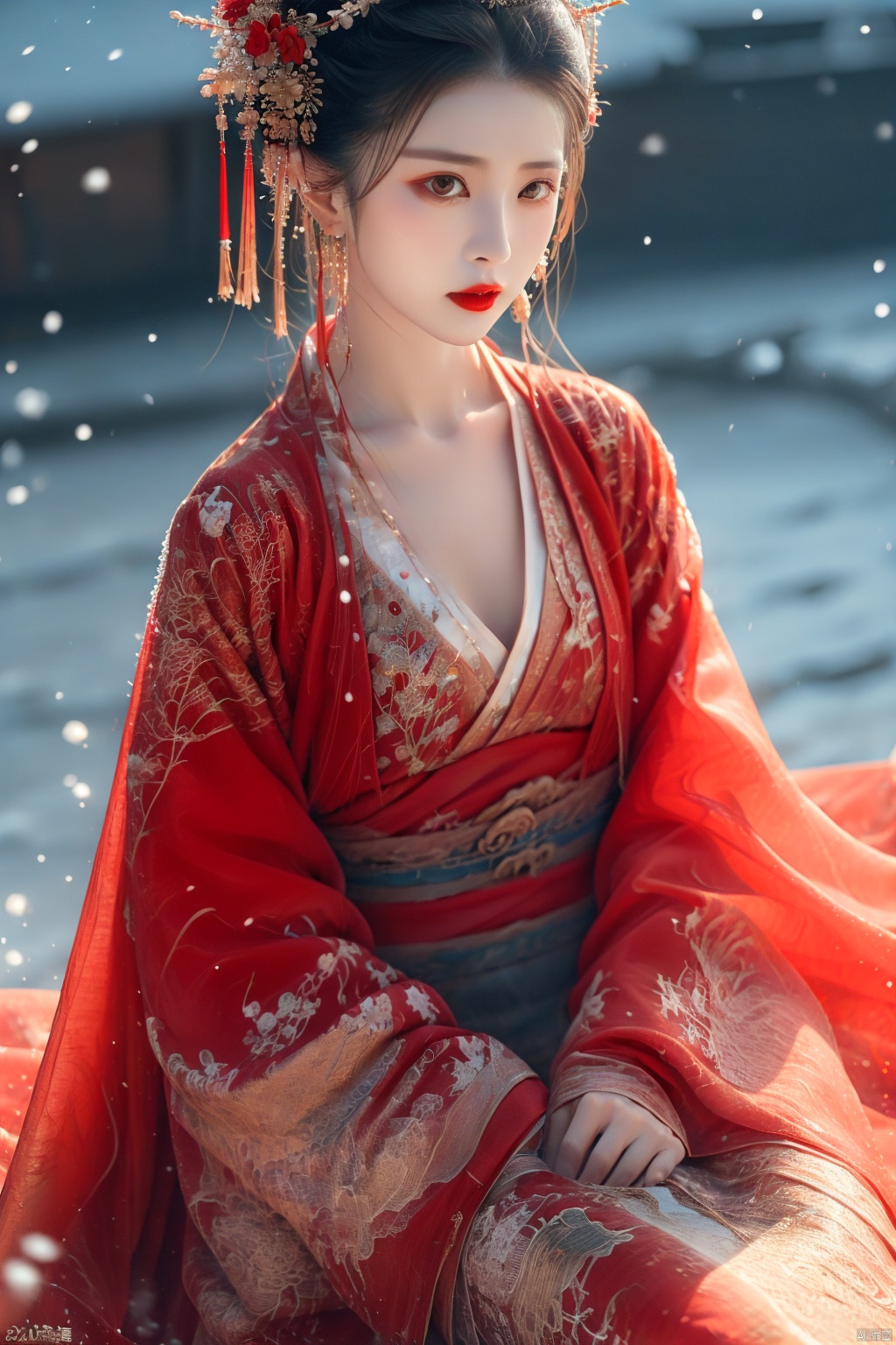 a girl,upper body, red linkedress,,Hanfu, China clothing,Look at the audience and sit down.Forehead mark,Red lips, snow, realistic, white shirt