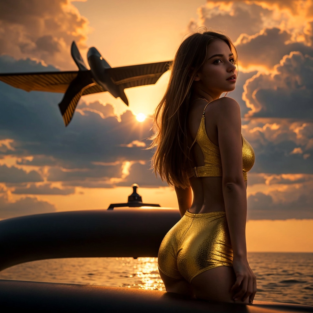 Young girl with gold wings outstreathed,  golden sky behind her. She is inside a submarine. high quality,  best quality on...