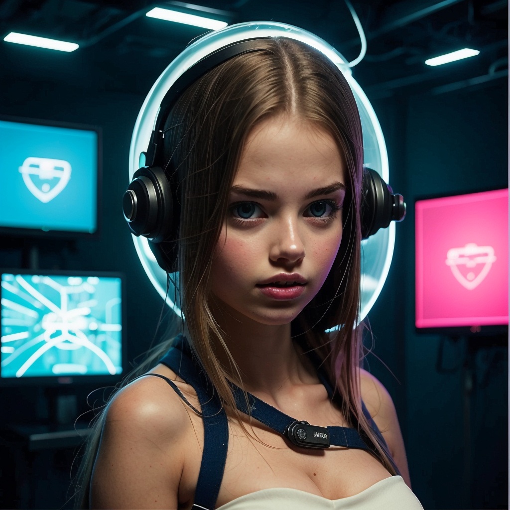 16 year old white European girl wearing a cyberpunk suit,  vaultshout with technology attached. Hi tech,  cyberpunk surrou...