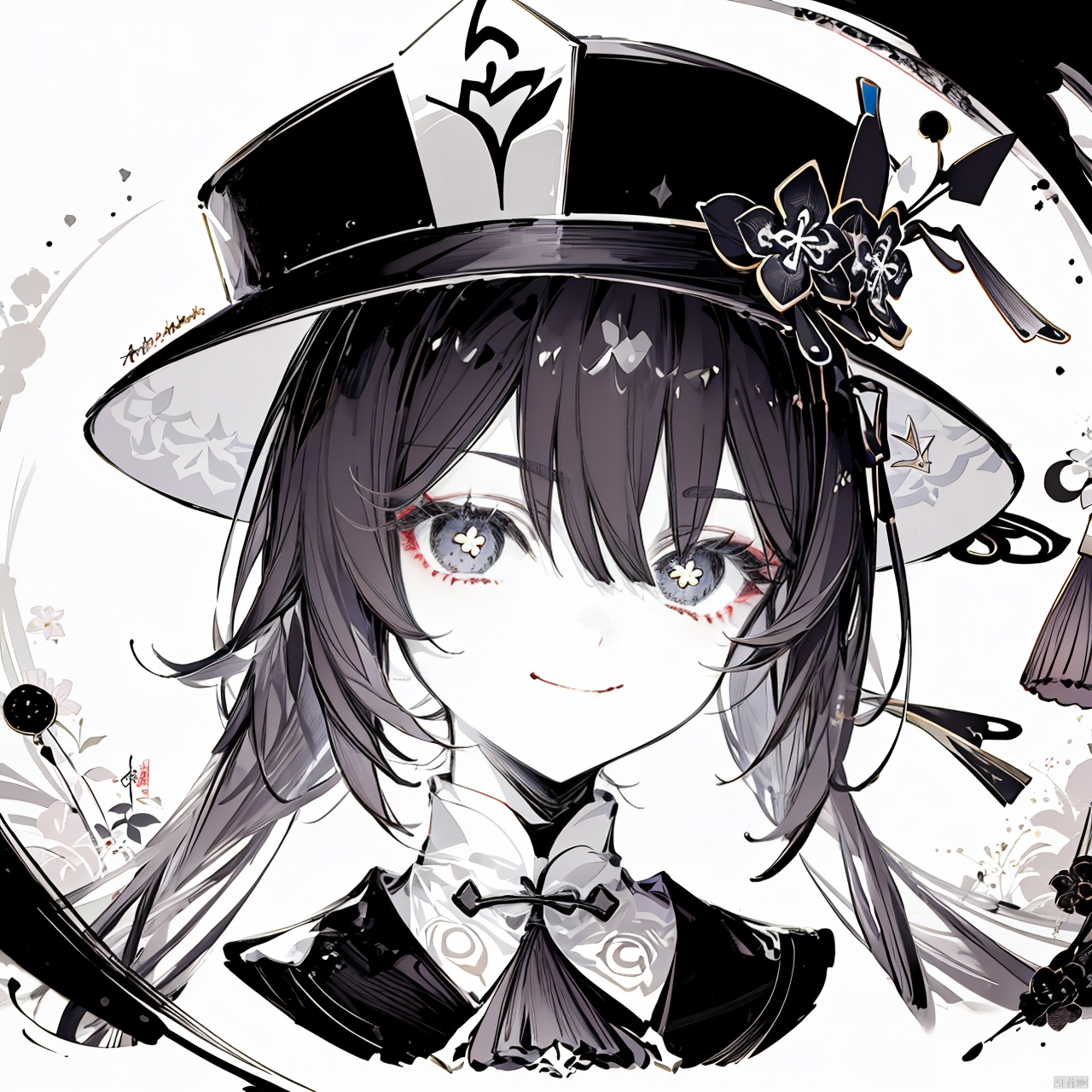ink style, 1girl, hu tao (genshin impact), hat, monochrome, solo, smile, looking at viewer, symbol-shaped pupils, flower, flower-shaped pupils, spot color, long hair, greyscale, plum blossoms, bangs, hair between eyes, porkpie hat, hat flower, portrait, simple background, signature, white background, closed mouth, twintails
