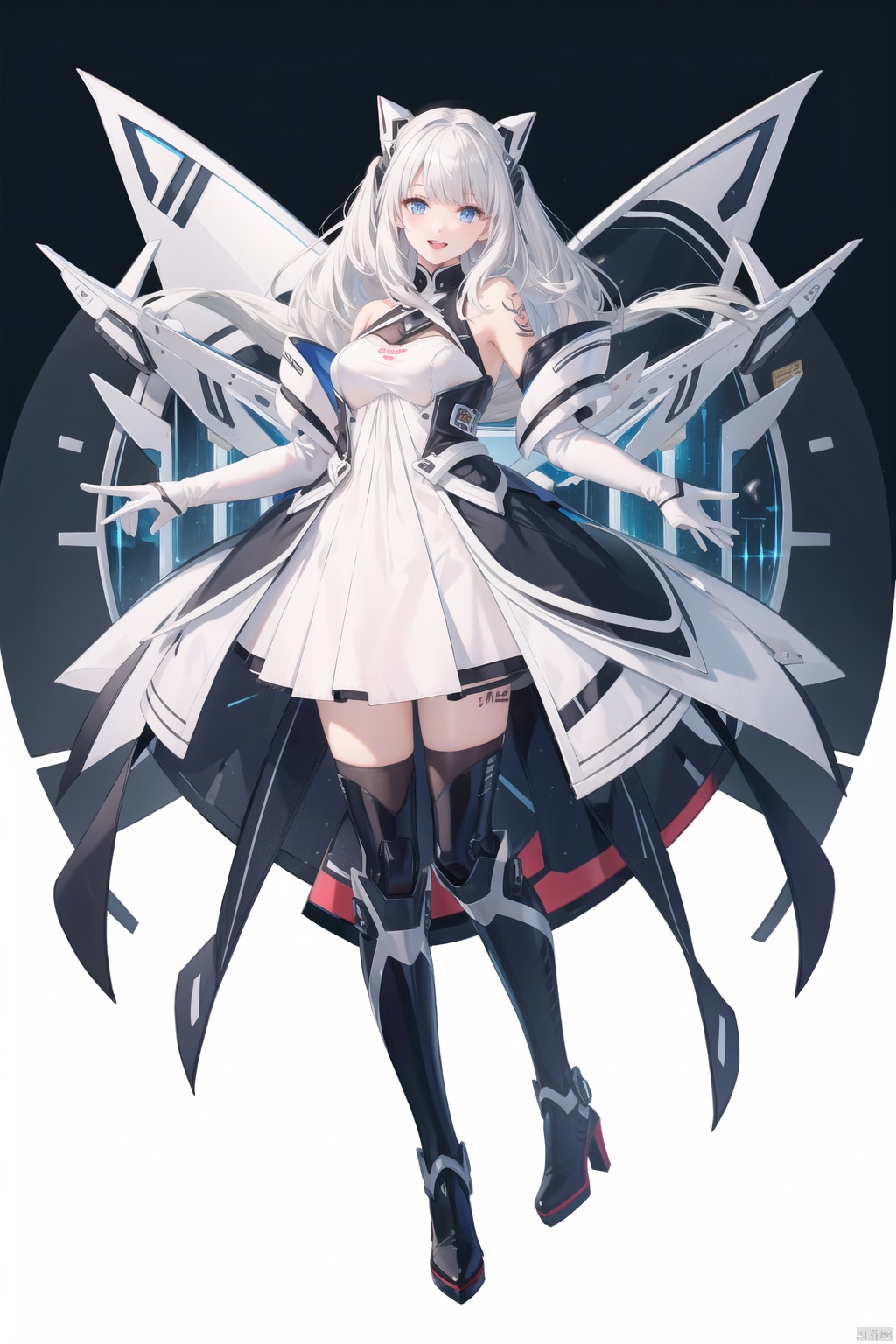  tianqijijijia, solo, 1girl, long hair, blue eyes, open mouth, gloves, smile, looking at viewer, bangs, full body, mecha musume, dress, high heels, white hair, boots, tattoo, thighhighs,breasts,  elbow gloves, heart, bare shoulders, white dress, floating hair, high heel boots, thigh boots