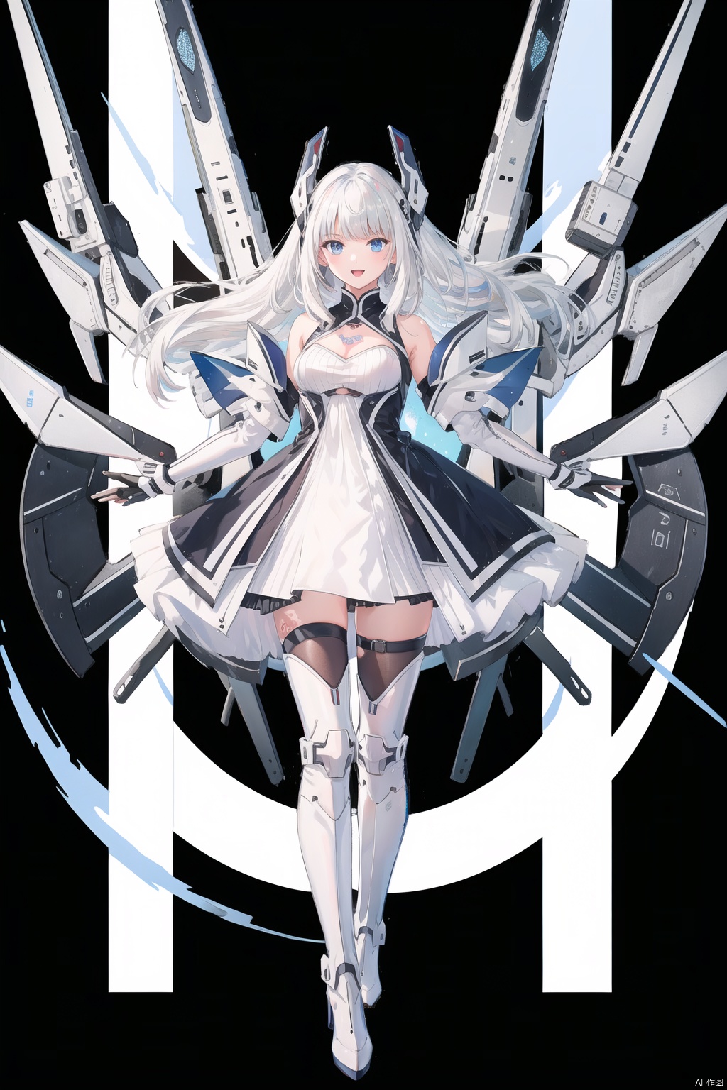 tianqijijijia, solo, 1girl, long hair, blue eyes, open mouth, gloves, smile, looking at viewer, bangs, full body, mecha musume, dress, high heels, white hair, boots, tattoo, thighhighs,breasts,  elbow gloves, heart, bare shoulders, white dress, floating hair, high heel boots, thigh boots