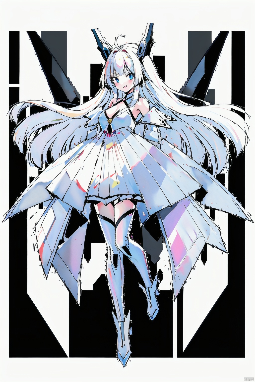  tianqijijijia, solo, 1girl, long hair, blue eyes, open mouth, gloves, smile, looking at viewer, bangs, full body, mecha musume, dress, high heels, white hair, boots, tattoo, thighhighs,breasts, elbow gloves, heart, bare shoulders, white dress, floating hair, high heel boots, thigh boots, inksketch