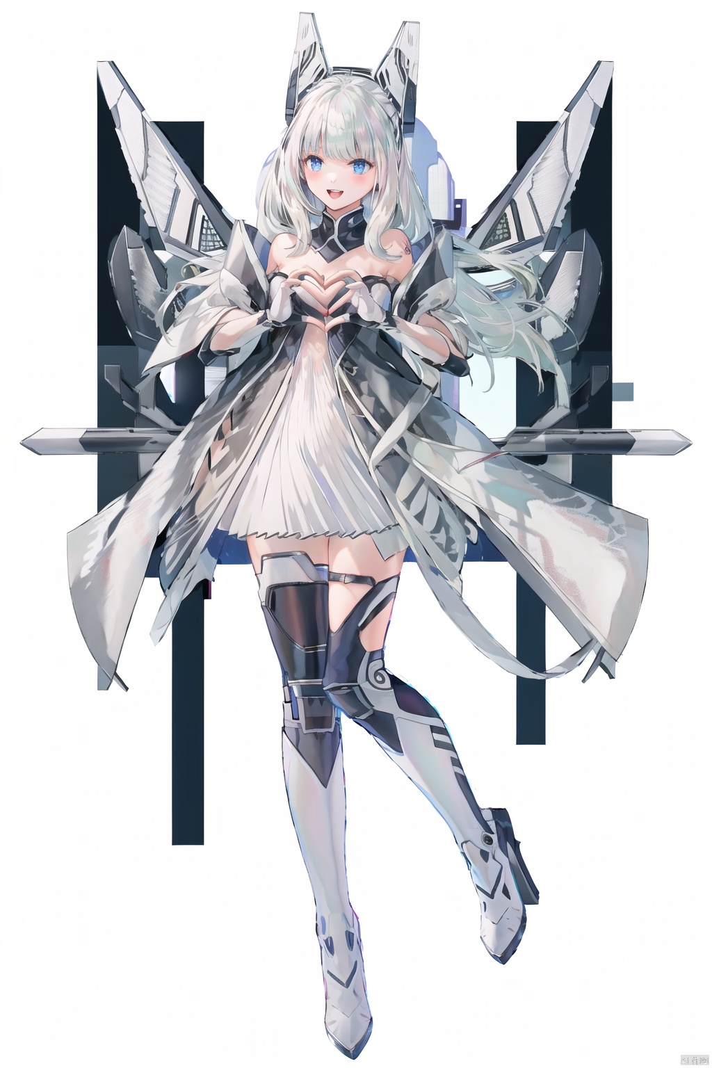  tianqijijijia, solo, 1girl, long hair, white background, blue eyes, open mouth, gloves, smile, looking at viewer, bangs, full body, simple background, mecha musume, dress, fingerless gloves, high heels, white hair, boots, tattoo, thighhighs, :d, breasts, heart hands, elbow gloves, heart, bare shoulders, white dress, floating hair, high heel boots, thigh boots