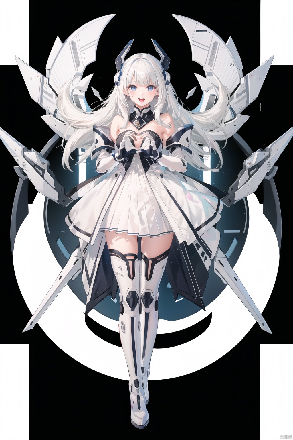  tianqijijijia, solo, 1girl, long hair, blue eyes, open mouth, gloves, smile, bangs, full body, mecha musume, dress,  high heels, white hair, boots, tattoo, thighhighs, :d, breasts, heart hands, elbow gloves,  bare shoulders, white dress, floating hair, high heel boots, thigh boots