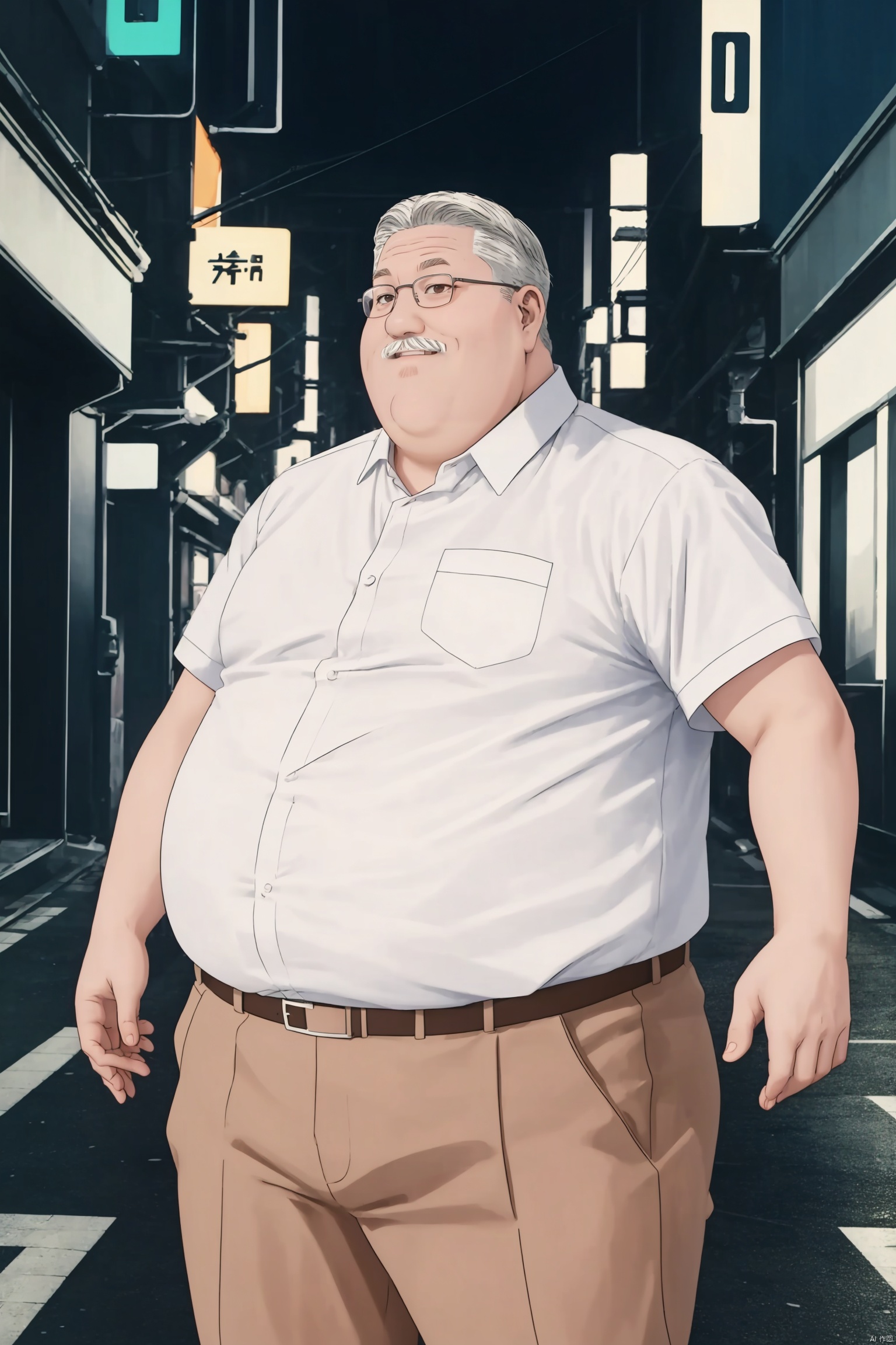  bestquality,masterpiece,8k,1male,安西教练, best quality, (Wear glasses, Wear a suit, White beard, chubby build), cowboy shot,day,light smile, Outdoor neon streets at night, bichu