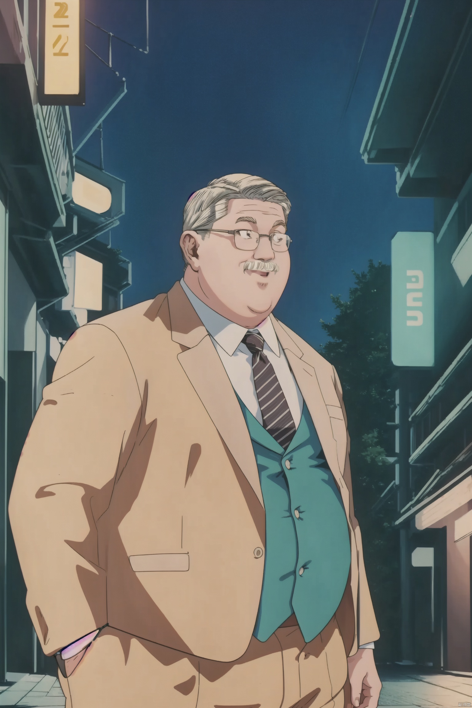 best quality,masterpiece,8k,1male,安西教练, best quality, (Wear glasses, Wear a suit, White beard, chubby build), cowboy shot,day,light smile, Outdoor neon streets at night, bichu