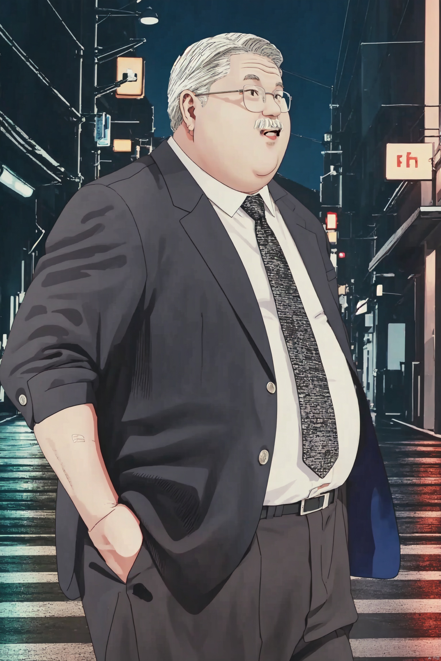  bestquality,masterpiece,8k,1male,安西教练, best quality, (Wear glasses, Wear a suit, White beard, chubby build), cowboy shot,day,light smile, Outdoor neon streets at night, bichu