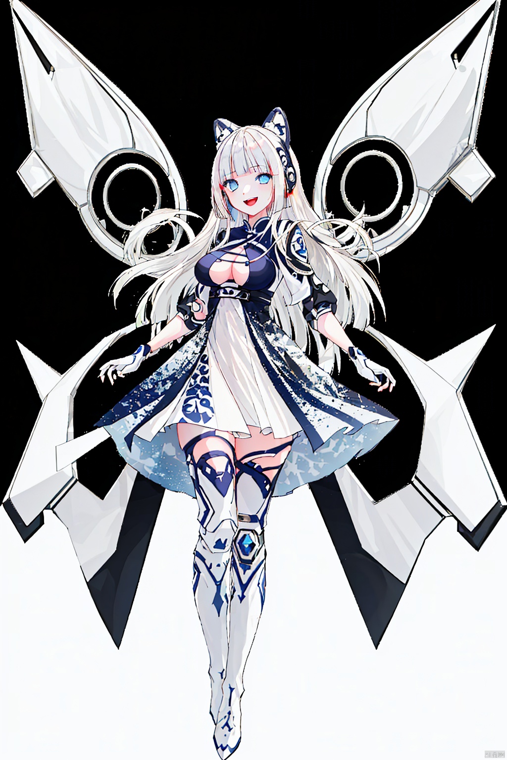  tianqiji,1girl,bangs,blue eyes,boots,breasts,dress,full body,gloves,long hair,looking at viewer,open mouth,smile,solo,thighhighs,transparent background,white hair