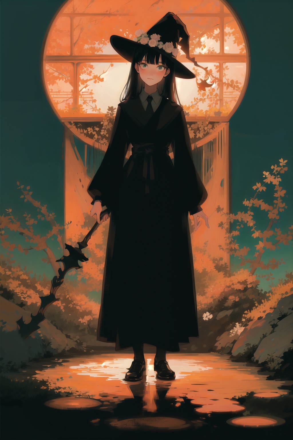 A witch with flowing black hair,  witch hat,  green dress with intricate patterns on Tensor.Art