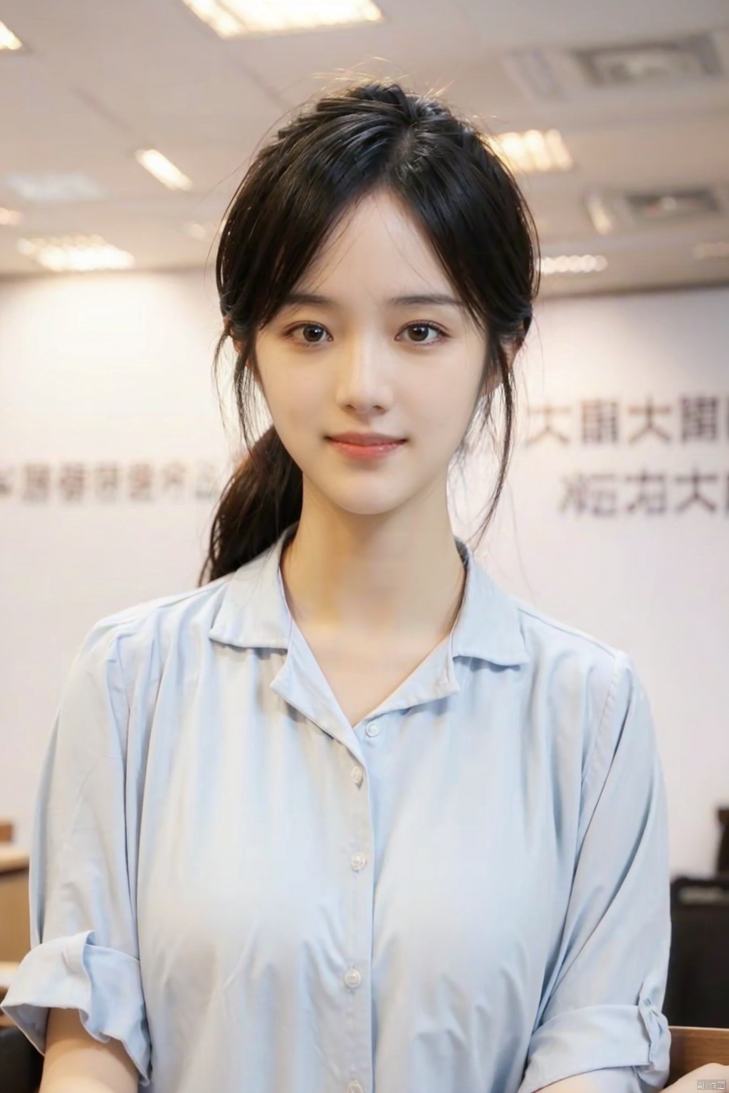  1girl,8k,,half updo,smile,upper_body,
office,