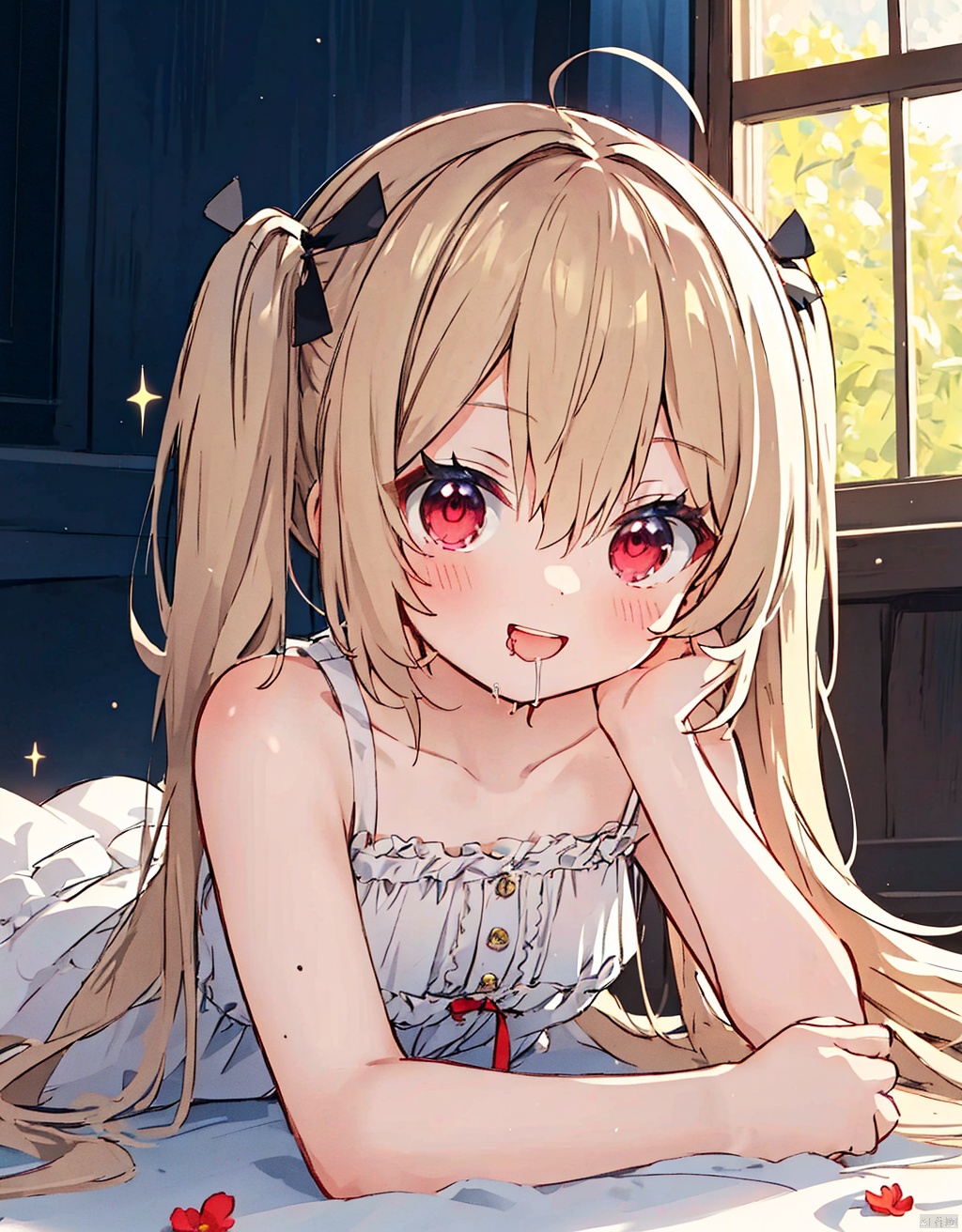  (masterpiece, extremely detailed 8k wallpaper,best quality), (best illumination, best shadow, extremely delicate and beautiful), floating, finely detail, Depth of field (bloom), (shine), glinting stars,classic, (illustration), (sketch),(panorama),detailed eyes,perfect face,full body,
1girl, solo, lying, red eyes, hair ribbon, ribbon, long hair, black ribbon, bangs, on stomach, ahoge, dress, looking at viewer, bare shoulders, white dress, bare arms, sleeveless dress, smile, hair between eyes, blush, sleeveless, letterboxed, blonde hair, twintails, barefoot, drooling, two side up, indoors
