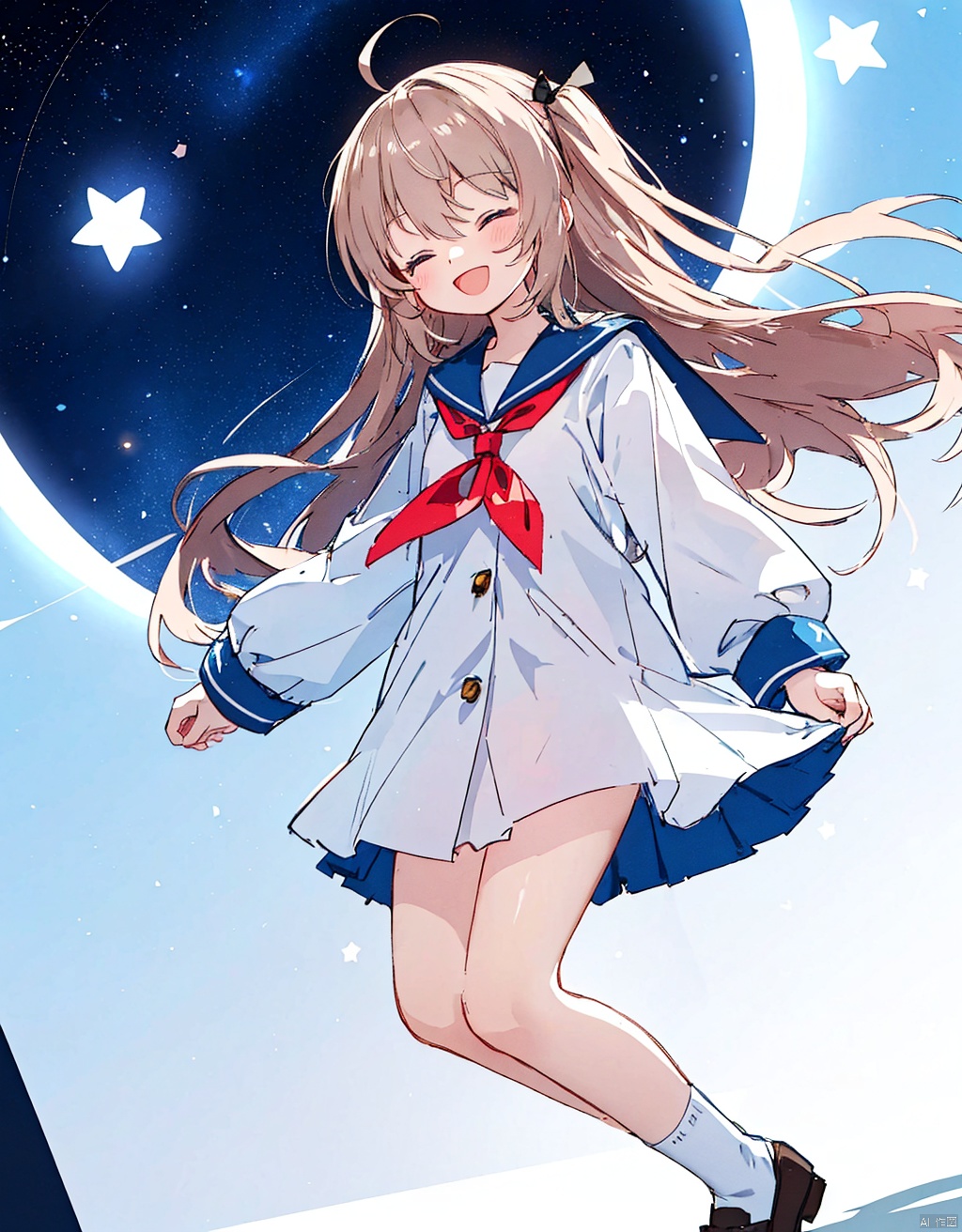  (masterpiece, extremely detailed 8k wallpaper,best quality), (best illumination, best shadow, extremely delicate and beautiful), floating, finely detail, Depth of field (bloom), (shine), glinting stars,classic, (illustration), (sketch),(panorama),detailed eyes,perfect face,full body,
1girl, solo, long hair, closed eyes, open mouth, smile, school uniform, dutch angle, hair ribbon, ribbon, :d, sailor collar, ahoge, white background, long sleeves, black ribbon, neckerchief, serafuku, very long hair