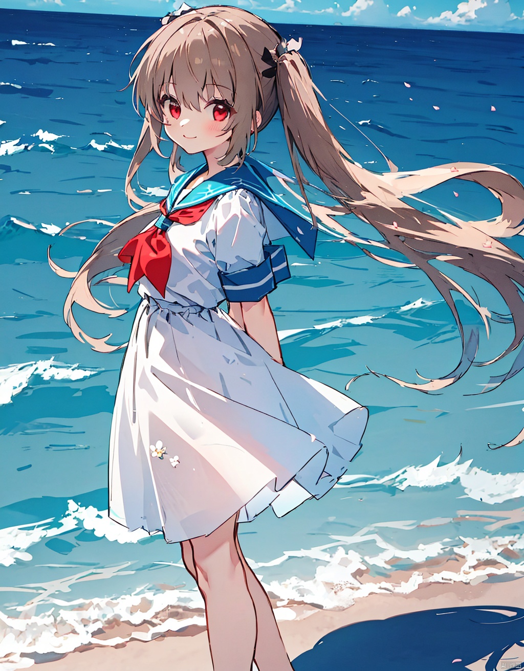  (masterpiece, extremely detailed 8k wallpaper,best quality), (best illumination, best shadow, extremely delicate and beautiful), floating, finely detail, Depth of field (bloom), (shine), glinting stars,classic, (illustration), (sketch),(panorama),detailed eyes,perfect face,full body,
1girl, solo, long hair, twintails, smile, dress, red eyes, looking at viewer, arms behind back, sailor dress, white dress, sailor collar, neckerchief, very long hair, red neckerchief, closed mouth, bangs, hair ribbon, ribbon, ocean, outdoors, blue sailor collar, brown hair