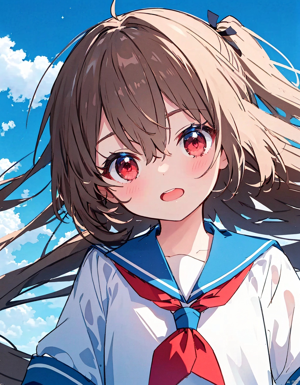  (masterpiece, extremely detailed 8k wallpaper,best quality), (best illumination, best shadow, extremely delicate and beautiful), floating, finely detail, Depth of field (bloom), (shine), glinting stars,classic, (illustration), (sketch),(panorama),detailed eyes,perfect face,full body,
1girl, solo, long hair, outdoors, looking at viewer, red eyes, school uniform, day, neckerchief, sky, serafuku, sailor collar, red neckerchief, ahoge, shirt, white shirt, bangs, hair between eyes, upper body, brown hair, blue sky, cloud, blue sailor collar, hair ribbon