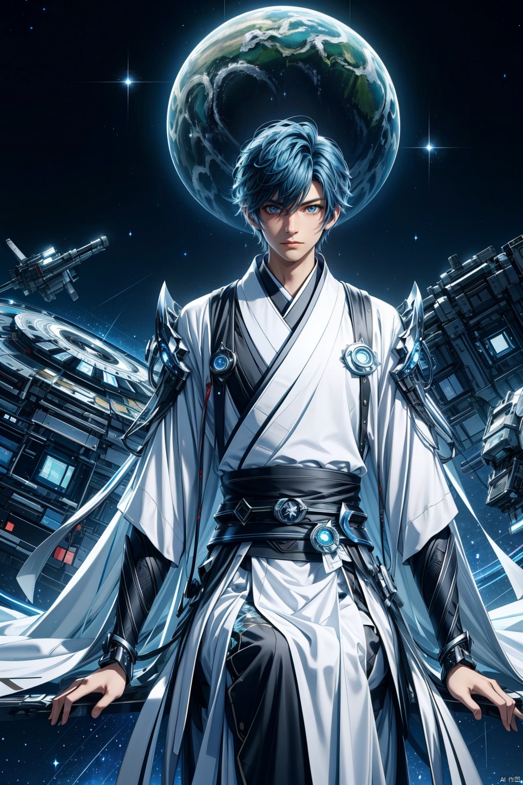  (8k, original photo, best quality, masterpiece: 1.2),1 boy. Blue hair, white and black Hanfu, futuristic robe. Sitting on a research platform floating in the middle of the asteroid belt. He is conducting research with a notebook, surrounded by several asteroids shining with blazing halos. Dramatic lights from distant stars and planets illuminated the scene, casting deep shadows on the Hanfu. The boy looks confident and determined, looking at the vast and mysterious universe with curiosity and respect, with a cowboy lens,Aso

