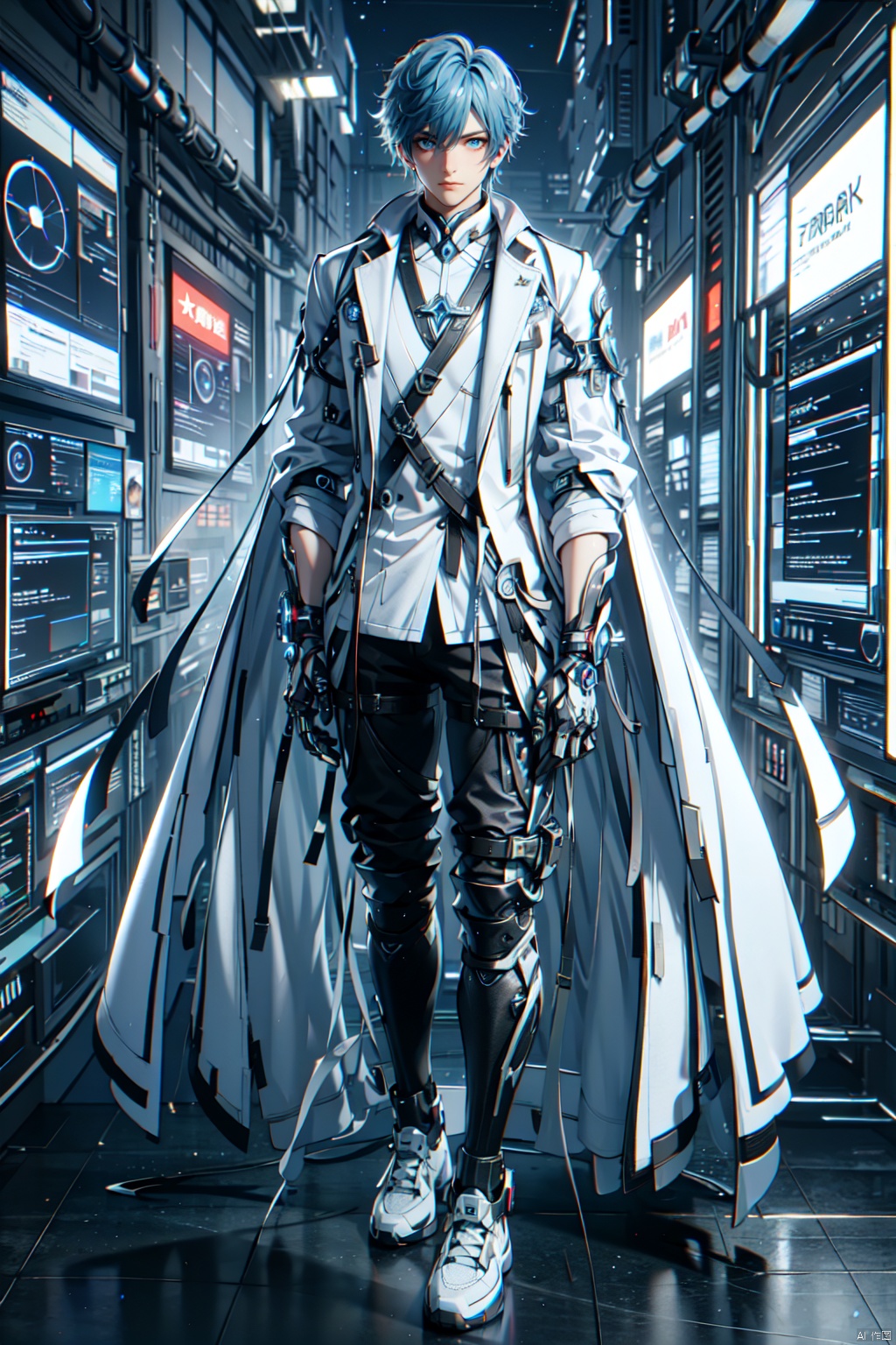 (8k, original photo, best quality, masterpiece: 1.2), 1 boy. Blue hair, futuristic cape, solo, looking at the audience, hair between eyes, smile, blue eyes, stand up jacket, male focus, white and black short jacket, science fiction, book, desk lamp, floating holographic screen, mechanical leg guards, sitting, sports shoes, starry sky, aurora borealis outside the window, cyberpunk

