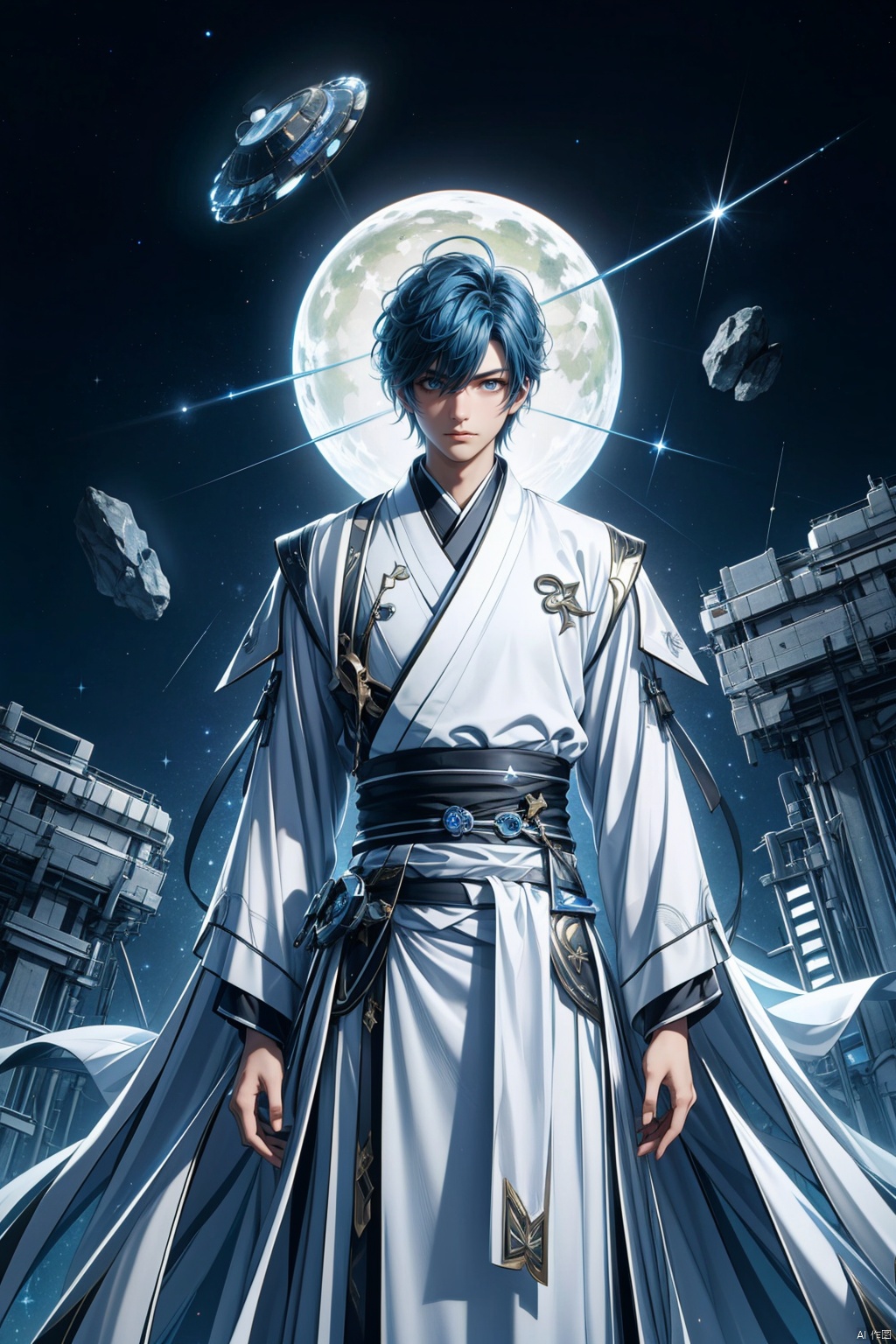  (8k, original photo, best quality, masterpiece: 1.2),1 boy. Blue hair, white and black Hanfu, futuristic robe. Sitting on a research platform floating in the middle of the asteroid belt. A floating meteorite, he was studying with a notebook, surrounded by several asteroids shining with blazing halos. Dramatic lights from distant stars and planets illuminated the scene, casting deep shadows on the Hanfu. The boy looks confident and determined, looking at the vast and mysterious universe with curiosity and respect, with a cowboy lens,Aso

