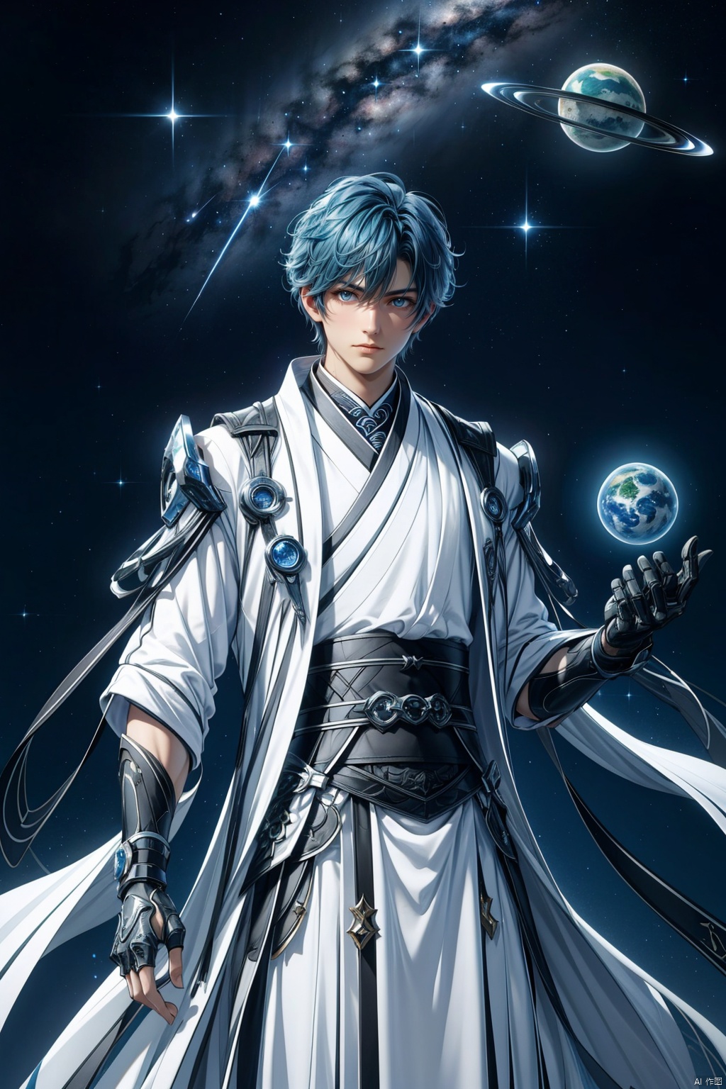  (8k, original photo, best quality, masterpiece: 1.2),1 boy. Blue hair, white and black Hanfu, futuristic robe. Sitting on a research platform floating in the middle of the asteroid belt. A floating meteorite, he was studying with a notebook, surrounded by several asteroids shining with blazing halos. Dramatic lights from distant stars and planets illuminated the scene, casting deep shadows on the Hanfu. The boy looks confident and determined, looking at the vast and mysterious universe with curiosity and respect, with a cowboy lens,Aso

