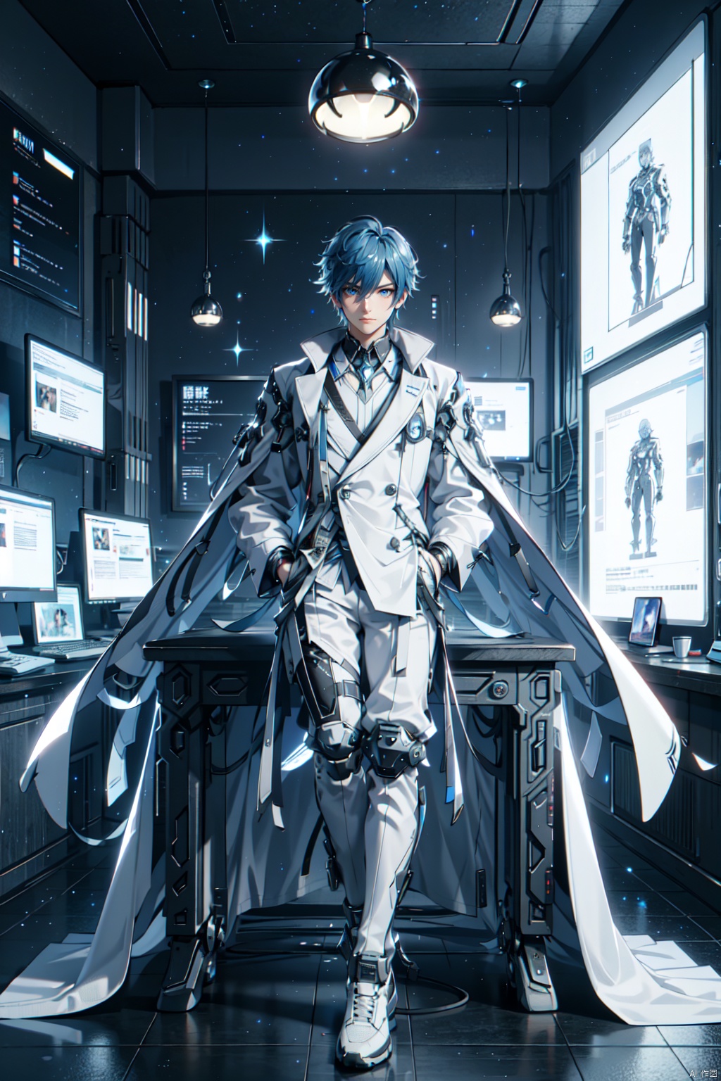 1 boy. Blue hair, futuristic cape, solo, looking at the audience, hair between eyes, smile, blue eyes, stand up jacket, male focus, white and black short jacket, science fiction, book, desk lamp, floating holographic screen, mechanical leg guards, (sitting: 1.2), sports shoes, starry sky, aurora borealis outside the window, cyberpunk

