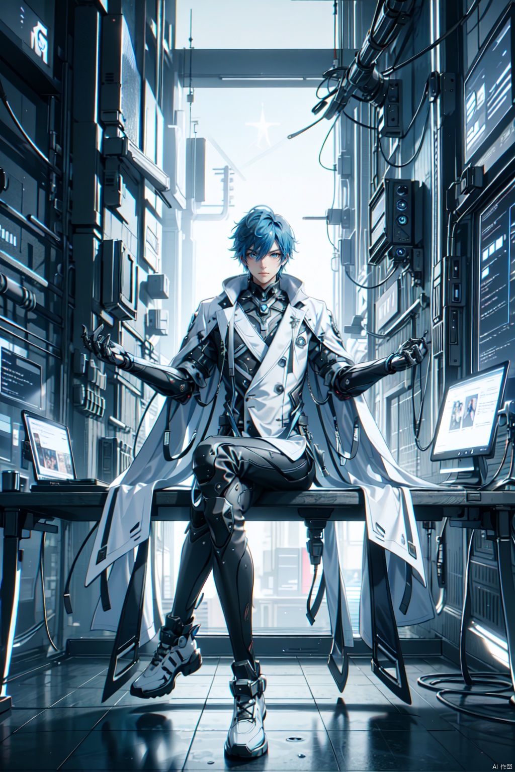 1 boy. Blue hair, futuristic cape, solo, looking at the audience, hair between eyes, smile, blue eyes, stand up jacket, male focus, white and black short jacket, science fiction, book, desk lamp, floating holographic screen, mechanical leg guards, (sitting: 1.2), sports shoes, starry sky, aurora borealis outside the window, cyberpunk

