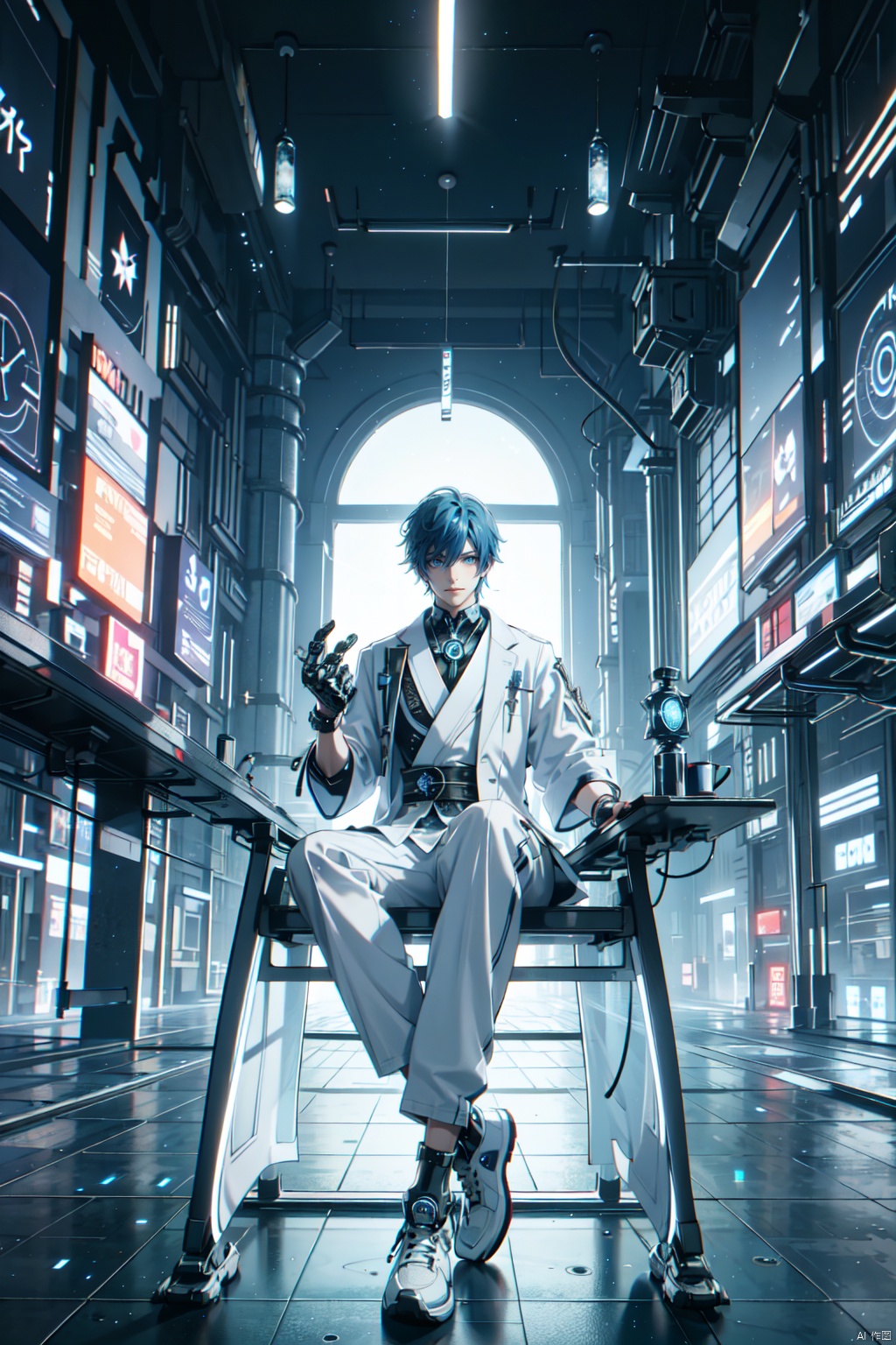 1 boy. Blue hair, futuristic cape, solo, looking at the audience, hair between eyes, smile, blue eyes, stand up jacket, male focus, white and black short jacket, science fiction, book, desk lamp, floating holographic screen, mechanical leg guards, (sitting: 1.2), sports shoes, starry sky, aurora borealis outside the window, cyberpunk

