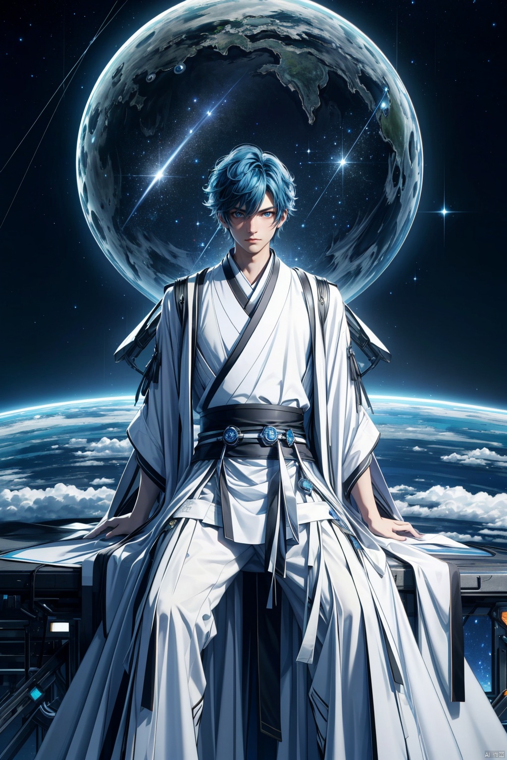  (8k, original photo, best quality, masterpiece: 1.2),1 boy. Blue hair, white and black Hanfu, futuristic robe. Sitting on a research platform floating in the middle of the asteroid belt. A floating meteorite, he was studying with a notebook, surrounded by several asteroids shining with blazing halos. Dramatic lights from distant stars and planets illuminated the scene, casting deep shadows on the Hanfu. The boy looks confident and determined, looking at the vast and mysterious universe with curiosity and respect, with a cowboy lens,Aso


