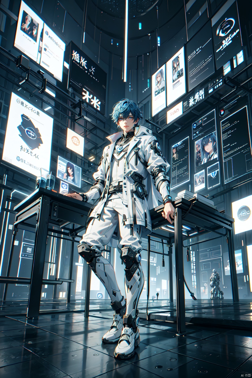 (8k, original photo, best quality, masterpiece: 1.2), 1 boy. Blue hair, futuristic cape, solo, looking at the audience, hair between eyes, smile, blue eyes, stand up jacket, male focus, white and black short jacket, science fiction, book, desk lamp, floating holographic screen, mechanical leg guards, sitting, sports shoes, starry sky, aurora borealis outside the window, cyberpunk


