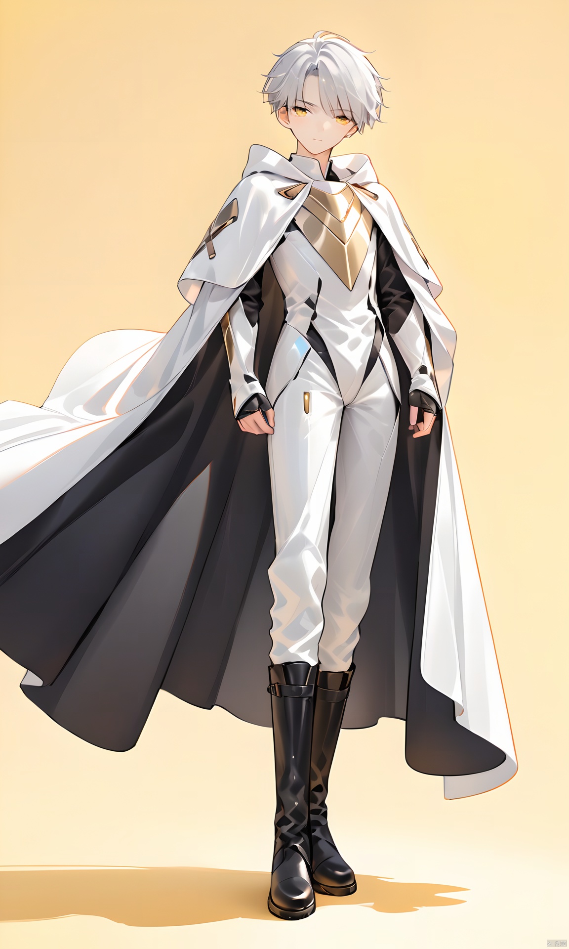(masterpiece), (best quality), yellow background, Solid color background, 1 boy, over 20 years old, outgoing, sunny and handsome, black boots, Silver short hair,  solo, gold cloak,  elegant futuristic wardrobe,  futuristic clothing,  wearing a flowing cloak,  modern clean white armor,  futuristic fashion clothing,  ,  TAI,<lora:EMS-269295-EMS:1.000000>