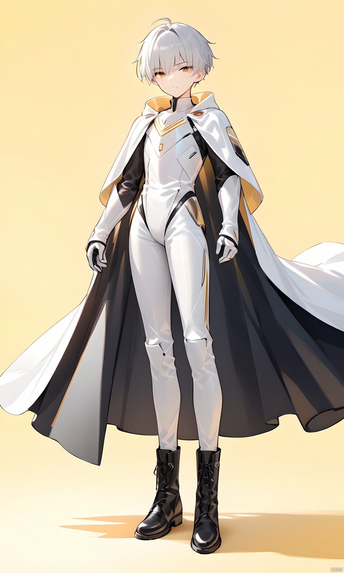  (masterpiece),(best quality),
yellow background,Solid color background,
1 boy,over 20 years old,outgoing,sunny and handsome,
black boots,Silver short hair, solo,
gold cloak, elegant futuristic wardrobe, futuristic clothing, wearing a flowing cloak, modern clean white armor, futuristic fashion clothing, , TAI, Tai