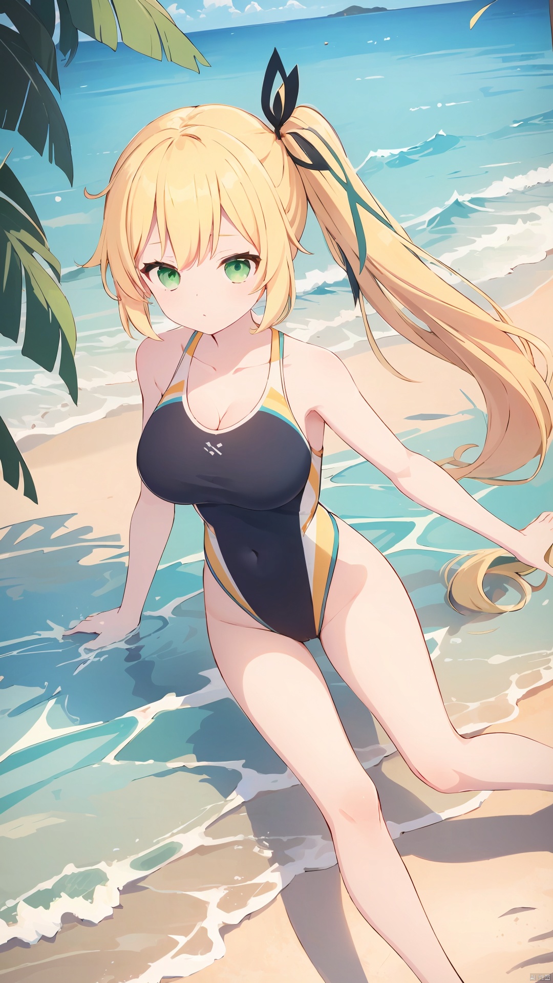 **_xiao_tian, 1girl, solo, long hair, blonde hair, green eyes, side ponytail, hair ribbon, hair ornament, large breasts, cleavage, collarbone, competition swimsuit,

on the beach, over the sea,

(full-body shot, full body:1.3), **_xiao_tian