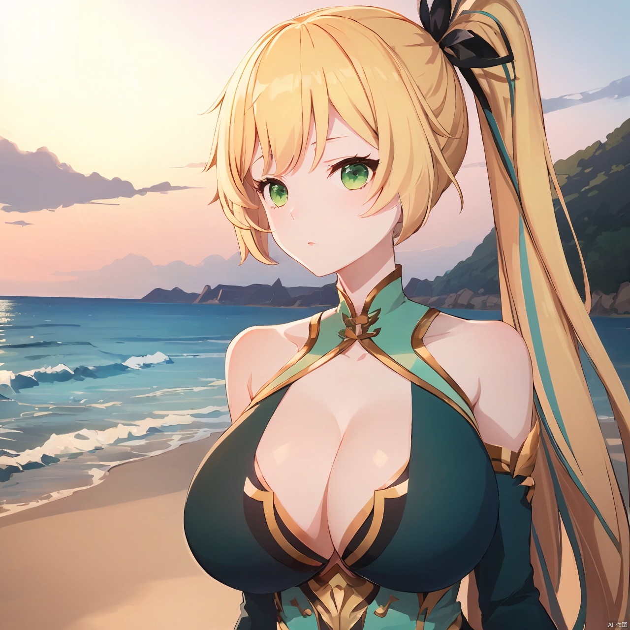 **_xiao_tian, 1girl, solo, long hair, blonde hair, green eyes, side ponytail, hair ribbon, hair ornament, large breasts, cleavage, green dress,

on the beach, over the sea, 

(bust:1.3),