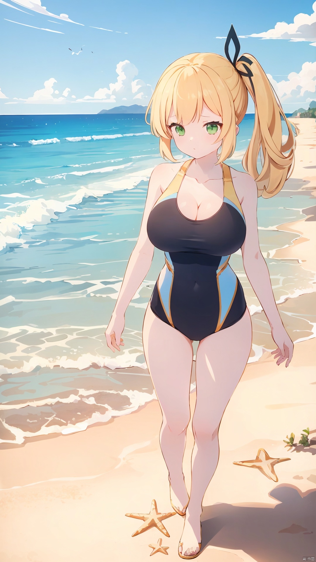 **_xiao_tian, 1girl, solo, long hair, blonde hair, green eyes, side ponytail, hair ribbon, hair ornament, large breasts, cleavage, collarbone, competition swimsuit,

on the beach, over the sea,

(full-body shot, full body:1.3), **_xiao_tian