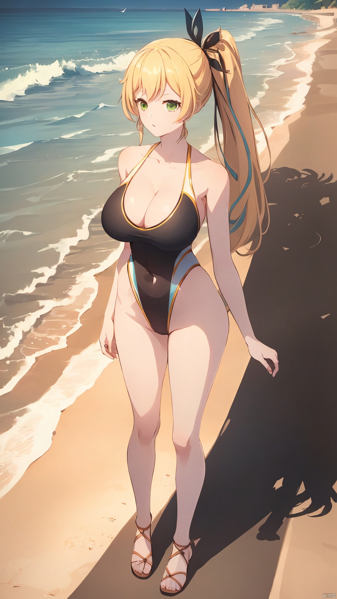 **_xiao_tian, 1girl, solo, long hair, blonde hair, green eyes, side ponytail, hair ribbon, hair ornament, large breasts, cleavage, collarbone, competition swimsuit,

on the beach, over the sea,

(full-body shot, full body:1.3),