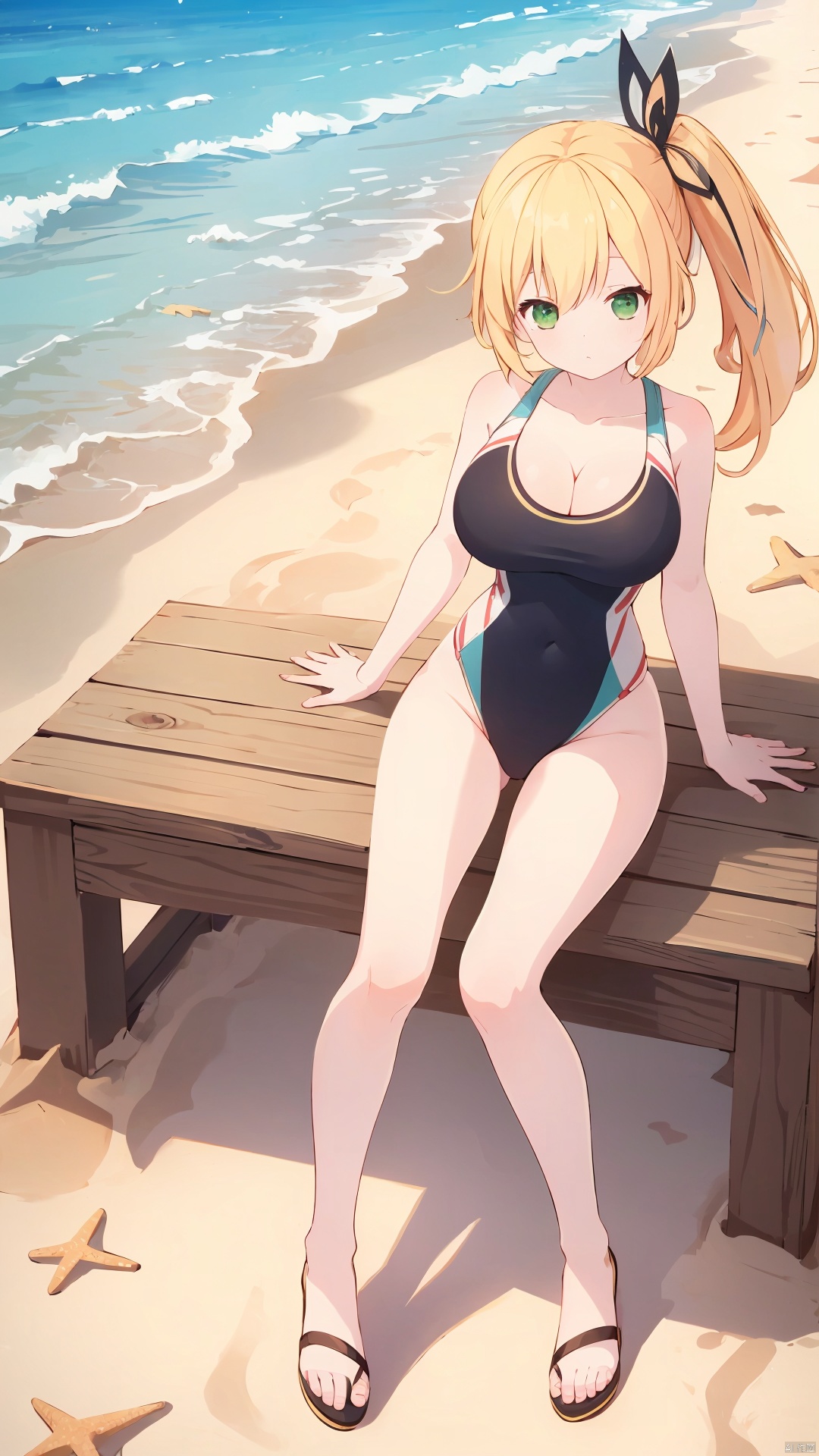 **_xiao_tian, 1girl, solo, long hair, blonde hair, green eyes, side ponytail, hair ribbon, hair ornament, large breasts, cleavage, collarbone, competition swimsuit,

on the beach, over the sea,

(full-body shot, full body:1.3), **_xiao_tian