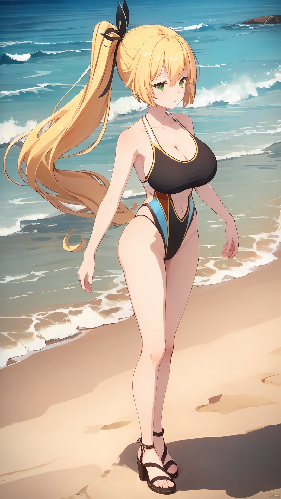 **_xiao_tian, 1girl, solo, long hair, blonde hair, green eyes, side ponytail, hair ribbon, hair ornament, large breasts, cleavage, collarbone, competition swimsuit,

on the beach, over the sea,

(full-body shot, full body:1.3),