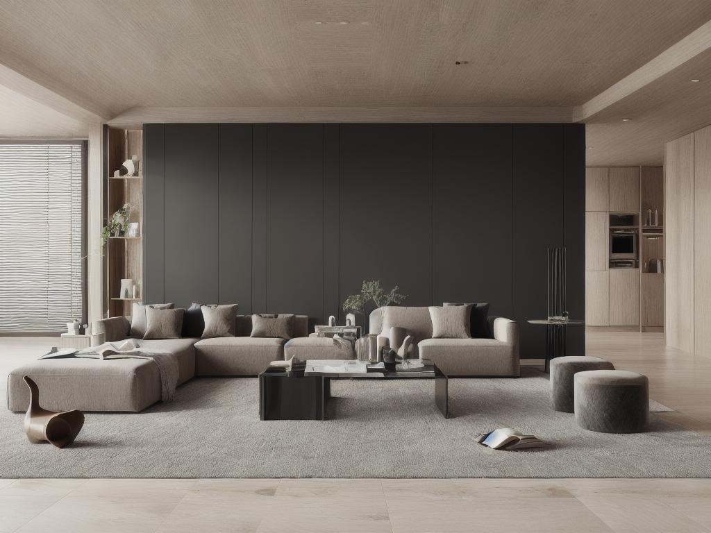 a living room with a couch, chair, coffee table and a rug on the floor and a window, muted colors, a 3D render, light and space,Dark style,Marble elements in the background