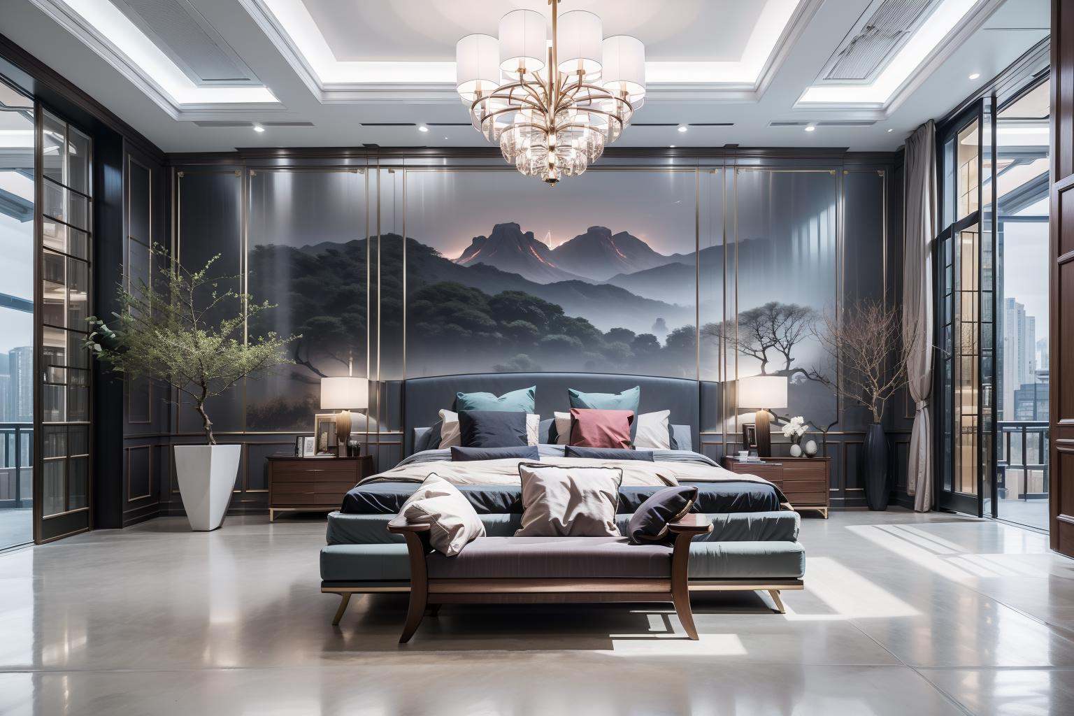 Lao Chen Jingdian, bed, scenery, no humans, tree, window, table, book,interior design, living room, masterpiece,best quality,unreal engine 5 rendering,movie light,movie lens,movie special effects,detailed details,HDR,UHD,8K,CG wallpaper