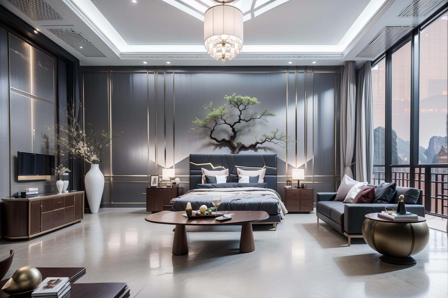 Lao Chen Jingdian, bed, scenery, no humans, tree, window, table, book,interior design, living room, masterpiece,best quality,unreal engine 5 rendering,movie light,movie lens,movie special effects,detailed details,HDR,UHD,8K,CG wallpaper