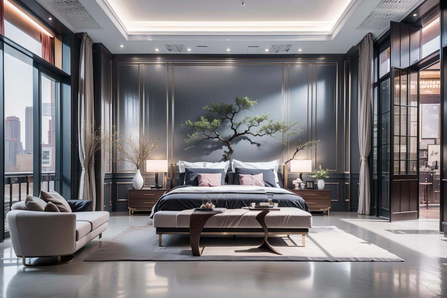 Lao Chen Jingdian, bed, scenery, no humans, tree, window, table, book,interior design, living room, masterpiece,best quality,unreal engine 5 rendering,movie light,movie lens,movie special effects,detailed details,HDR,UHD,8K,CG wallpaper