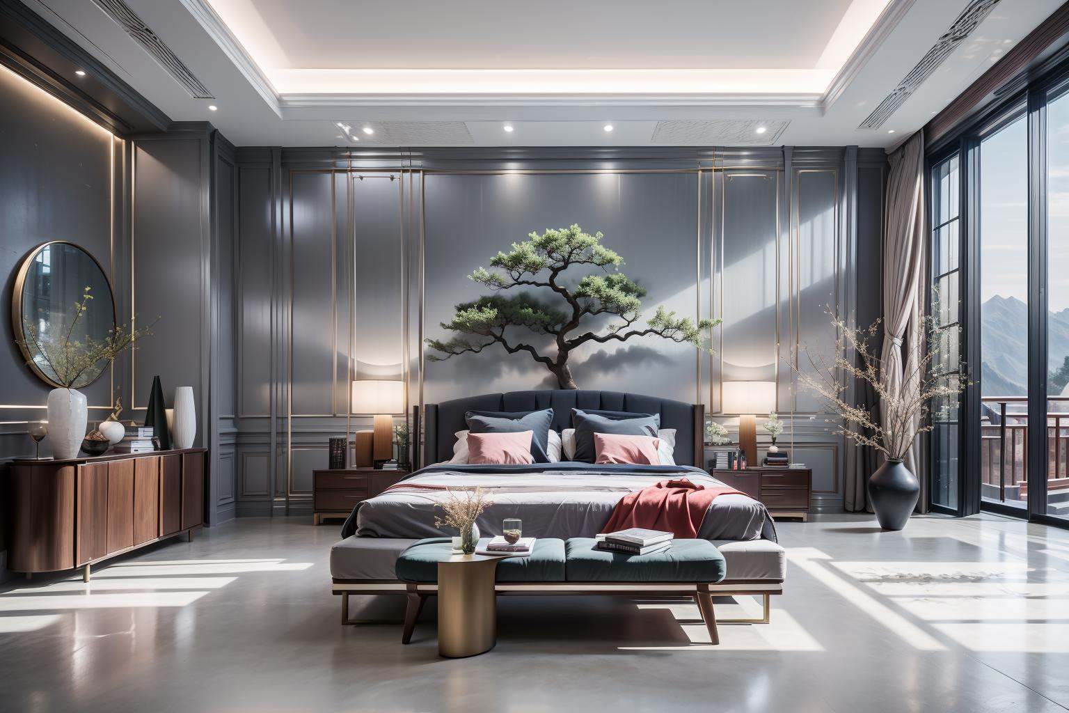 Lao Chen Jingdian, bed, scenery, no humans, tree, window, table, book,interior design, living room, masterpiece,best quality,unreal engine 5 rendering,movie light,movie lens,movie special effects,detailed details,HDR,UHD,8K,CG wallpaper