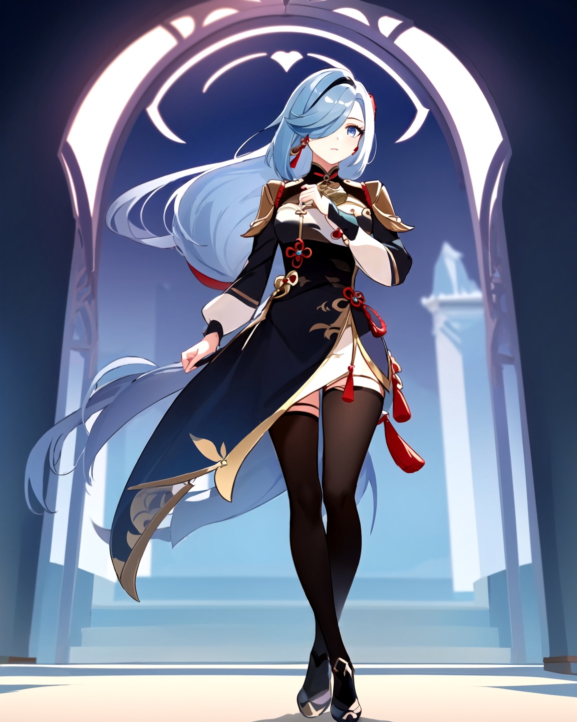 <lora:原神申鹤220B_v30:1>,shenhe, genshin impact, 1girl, solo,Long hair, hair accessories, blue eyes, looking at the audience,tassel earrings, hair over one eye,bangs,jk uniform + black stockings + Mary Jane shoes,standing